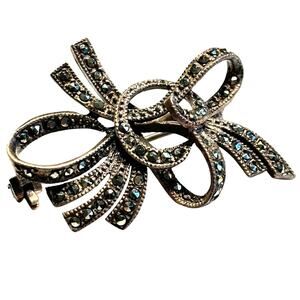 Vintage brooch sterling silver & marcacite bow design ornate romantic feminine